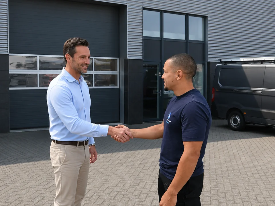 Global Clean Solutions in gesprek met een opdrachtgever bij een bedrijfspand